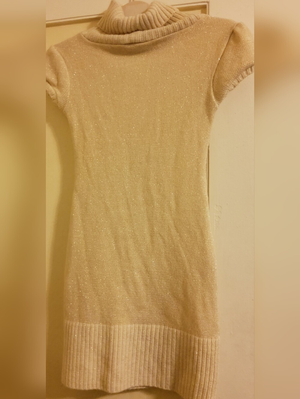 Hera Sz S Ivory+ Gold Knit Turtleneck Short Sleeve Bodycon Sweater Mini Dress